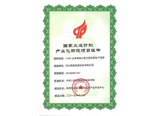 國家火炬計劃產(chǎn)業(yè)化項目證書